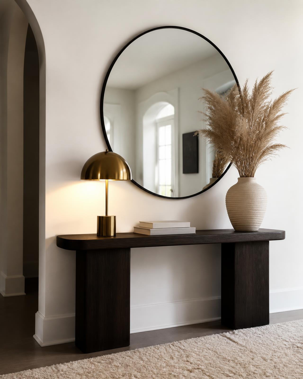 Console table styled with a round mirror, brass lamp and textured vase